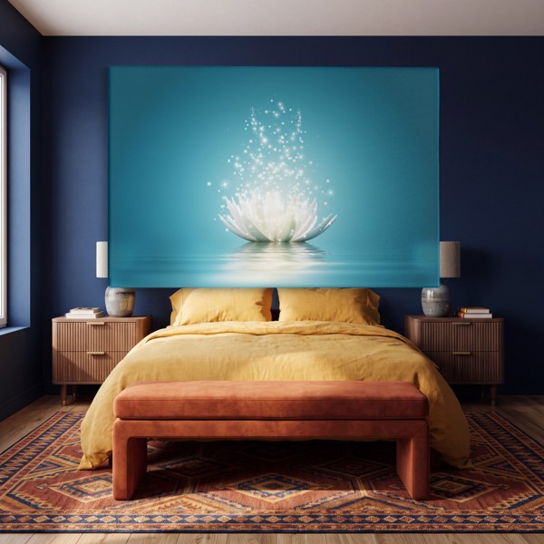 Tablou Pânză Floare de Lotus cu Urme de Lumină - pe perete într-un interior