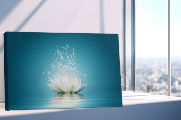 Tablou Pânză Floare de Lotus cu Urme de Lumină - pe perete într-un interior