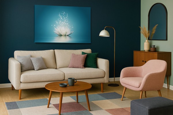 Tablou Pânză Floare de Lotus cu Urme de Lumină - pe perete într-un interior