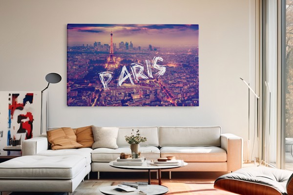 Paris Skyline Canvas Print med Eiffeltårnet - på væggen i et interiør