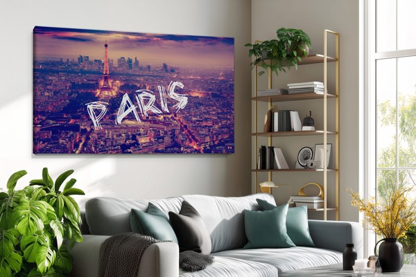 Paris Skyline Canvas Print med Eiffeltårnet - på væggen i et interiør