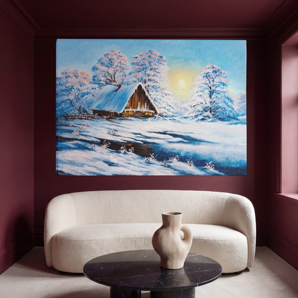 Winterbos en berglandschap canvasdruk - aan de muur in een interieur