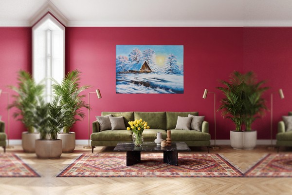 Winterbos en berglandschap canvasdruk - aan de muur in een interieur