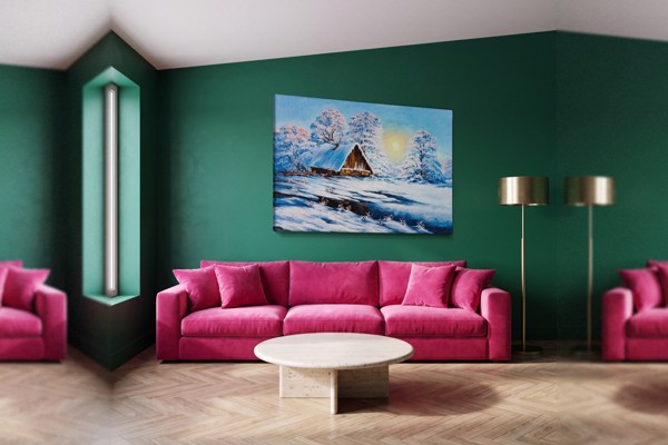 Winterbos en berglandschap canvasdruk - aan de muur in een interieur