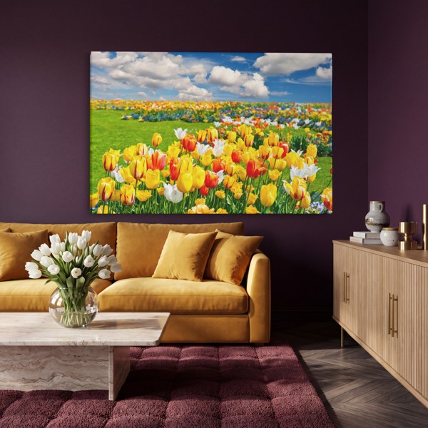 Tulip Field Canvas Print - Vivid Floral Landscape - on the wall in a room interior