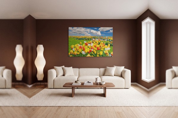 Tulip Field Canvas Print - Vivid Floral Landscape - on the wall in a room interior