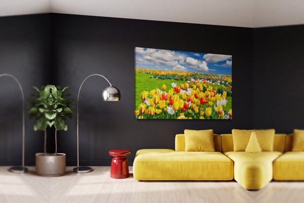 Tulip Field Canvas Print - Vivid Floral Landscape - on the wall in a room interior