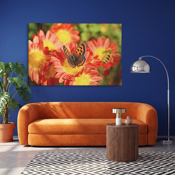 Perhonen vaaleanpunaisella kukalla Canvas-tulostus - seinällä huoneessa