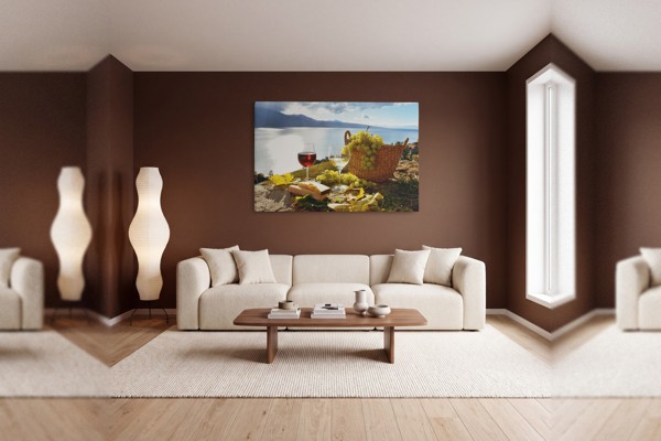 Pahar de Vin lângă Lac - Tablou Canvas - pe perete într-un interior