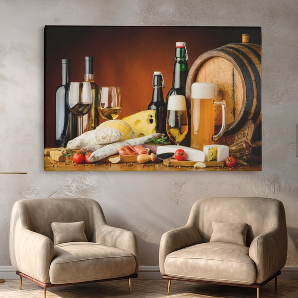 Wine and Cheese Still Life Canvas Print - on the wall in a room interior