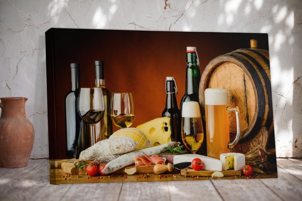 Wine and Cheese Still Life Canvas Print - on the wall in a room interior