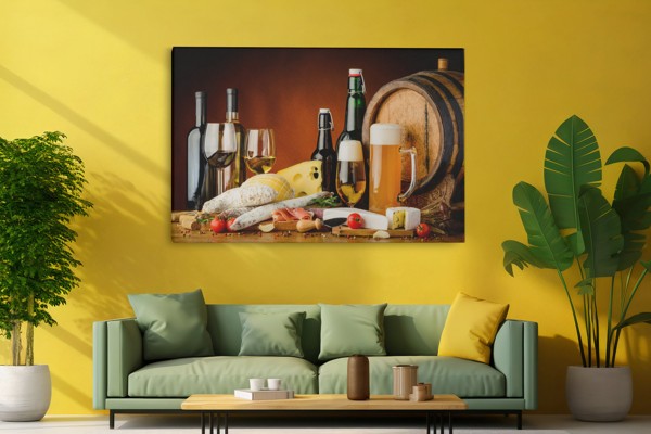 Wine and Cheese Still Life Canvas Print - on the wall in a room interior