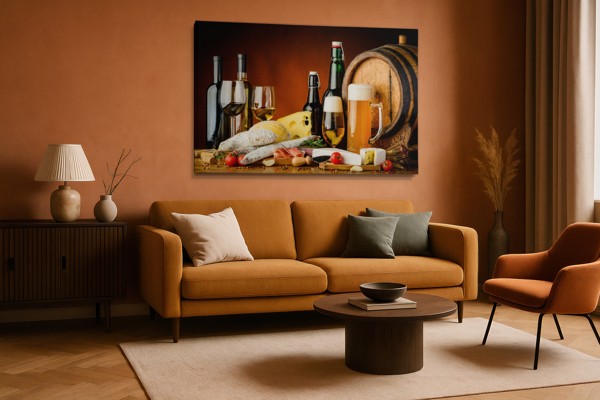 Wine and Cheese Still Life Canvas Print - on the wall in a room interior