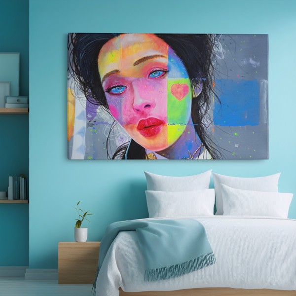 Colourful Girl with Heart Canvas Print - on the wall in a room interior