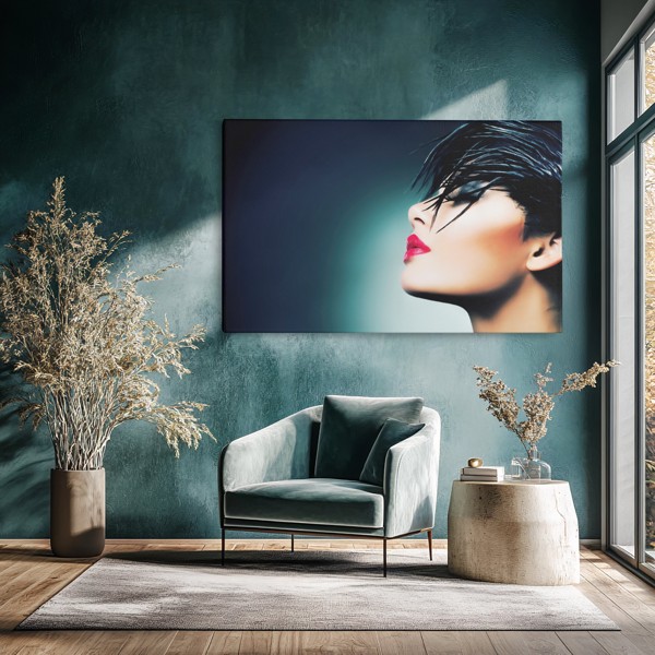 Frauenporträt mit kühnem Make-up auf Leinwand - an der Wand in einem Raum
