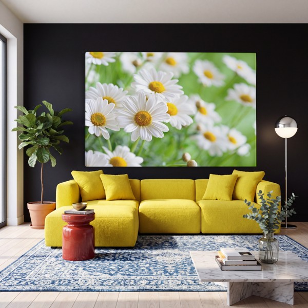 Vit tusensköna på mjuk grön canvas - på väggen i ett rum