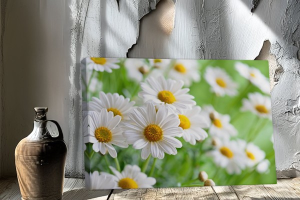 Vit tusensköna på mjuk grön canvas - på väggen i ett rum