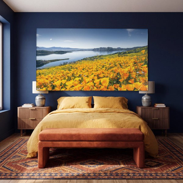 Looduslike lilledega väljapilt kaljusel Canvas Print - seinal toas