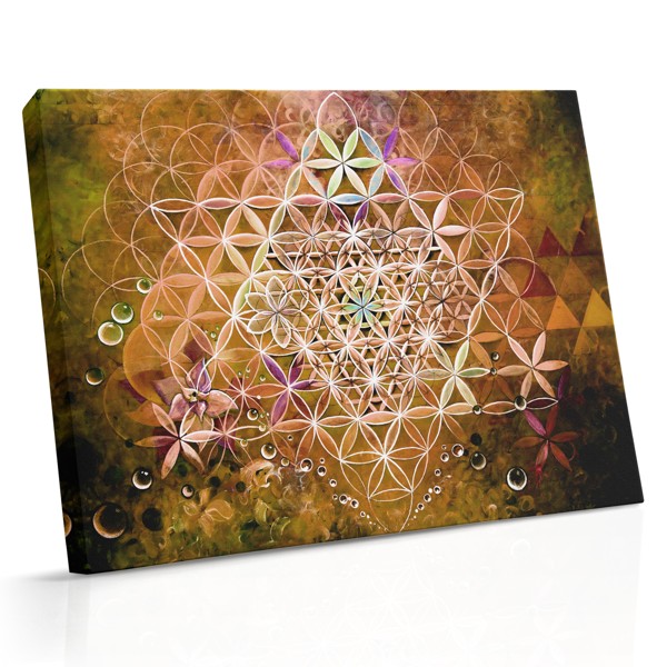 Geometrická mandala zameraná na vzor Flower of Life, vykreslená v teplých oranžových prechodoch na neutrálnom pozadí