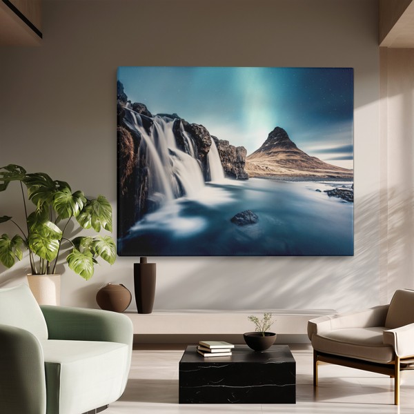 Waterfall Mountain Space Canvas Print - on the wall in a room interior