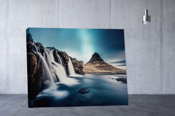 Waterfall Mountain Space Canvas Print - on the wall in a room interior