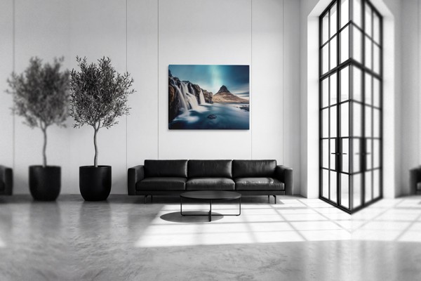 Waterfall Mountain Space Canvas Print - on the wall in a room interior