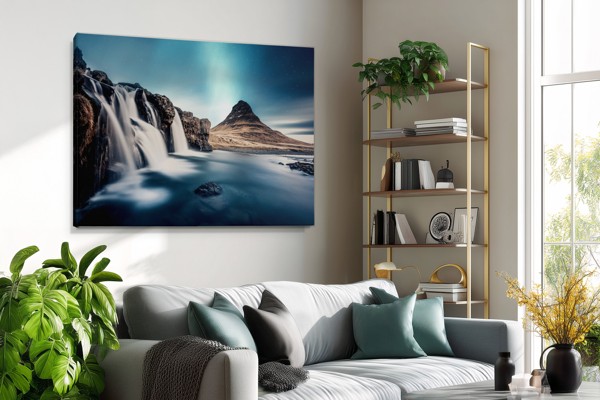 Waterfall Mountain Space Canvas Print - on the wall in a room interior