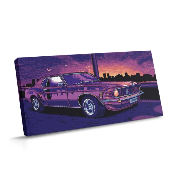 Vintage automobil prikazan u blokastom pixel-art stilu na toploj gradijentnoj pozadini koja prelazi iz dubokog narančastog u meko crveno