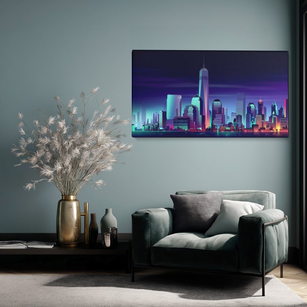 Stampa su Tela Skyline Città Futuristica - alla parete in un interno