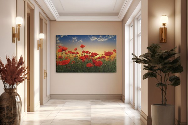 Tableau Toile Champ de Coquelicots au Coucher - au mur dans un intérieur