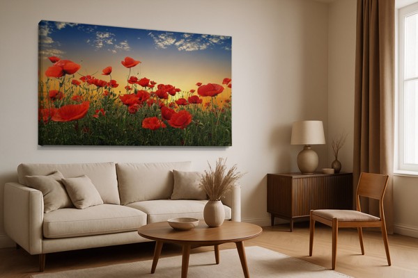 Tableau Toile Champ de Coquelicots au Coucher - au mur dans un intérieur
