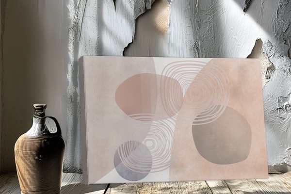 Maiga abstrakcija audekla prints - mīksti bēši un krēmkrāsas slāņi - uz sienas telpā