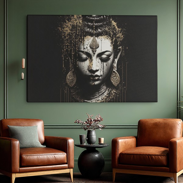 Gylden Buddha i Meditation Lærredstryk - på væggen i et interiør
