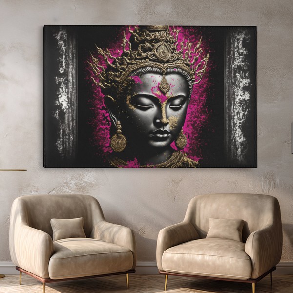 Buddha in Meditation Leinwanddruck - Gold und Petrol - an der Wand in einem Raum