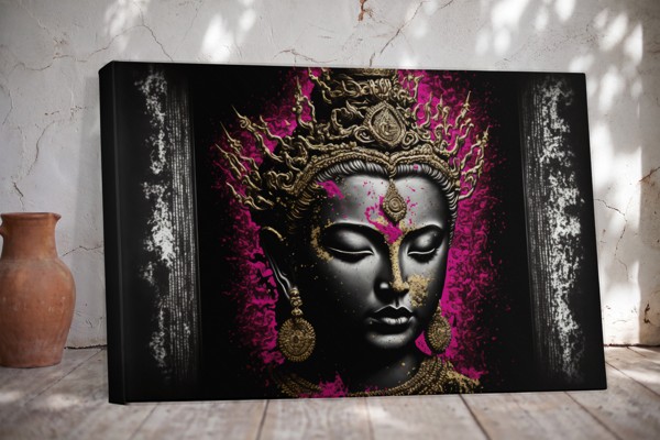 Buddha in Meditation Leinwanddruck - Gold und Petrol - an der Wand in einem Raum