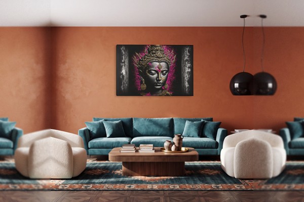 Buddha in Meditation Leinwanddruck - Gold und Petrol - an der Wand in einem Raum