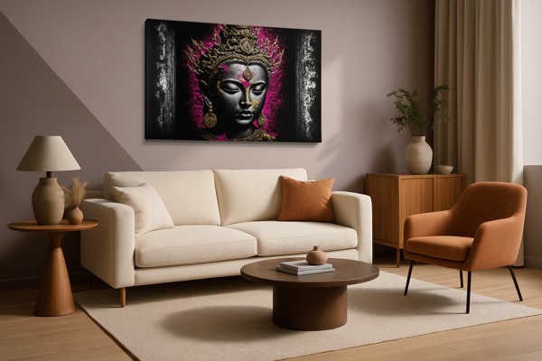 Buddha in Meditation Leinwanddruck - Gold und Petrol - an der Wand in einem Raum
